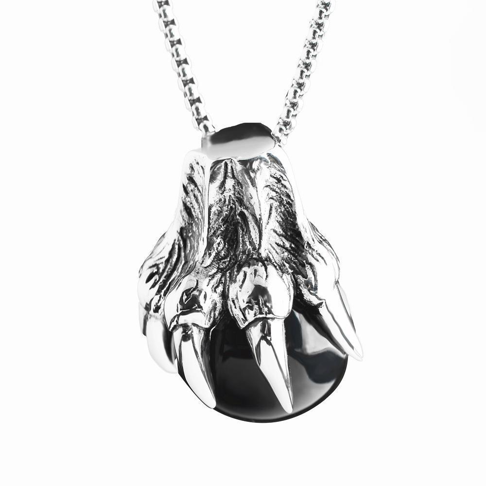 Retro men's titanium steel necklace with five claw inlaid titanium steel pendant necklace with play beads