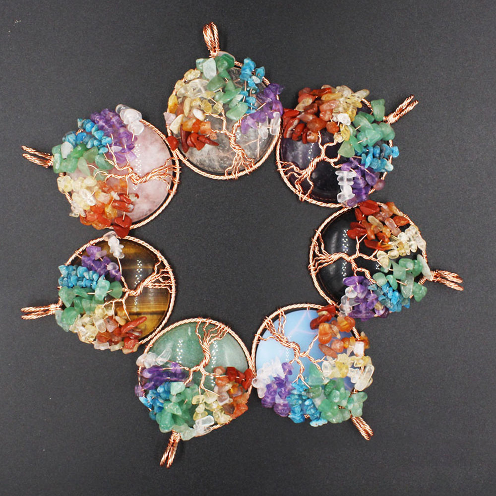 Tree of Life wrapped in natural gem healing crystal round pendant, seven chakra energy healing handmade silk necklace