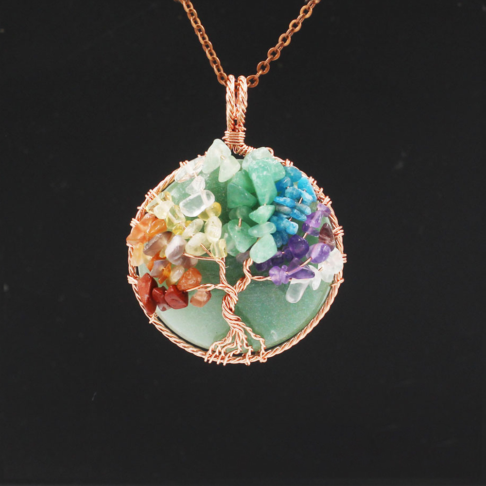 Tree of Life wrapped in natural gem healing crystal round pendant, seven chakra energy healing handmade silk necklace