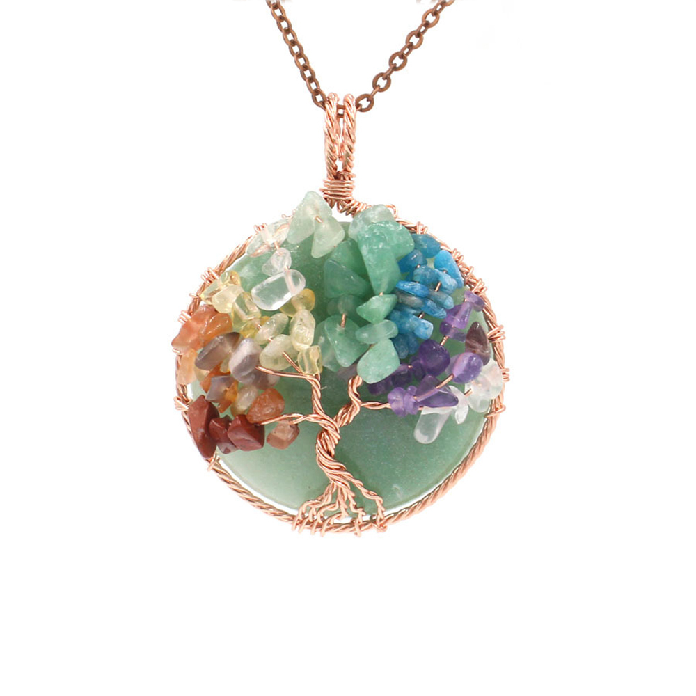 Tree of Life wrapped in natural gem healing crystal round pendant, seven chakra energy healing handmade silk necklace