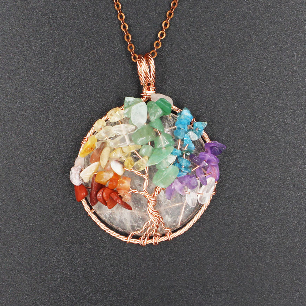 Tree of Life wrapped in natural gem healing crystal round pendant, seven chakra energy healing handmade silk necklace