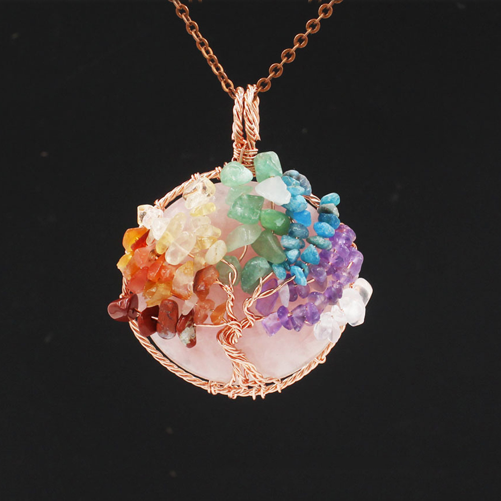 Tree of Life wrapped in natural gem healing crystal round pendant, seven chakra energy healing handmade silk necklace