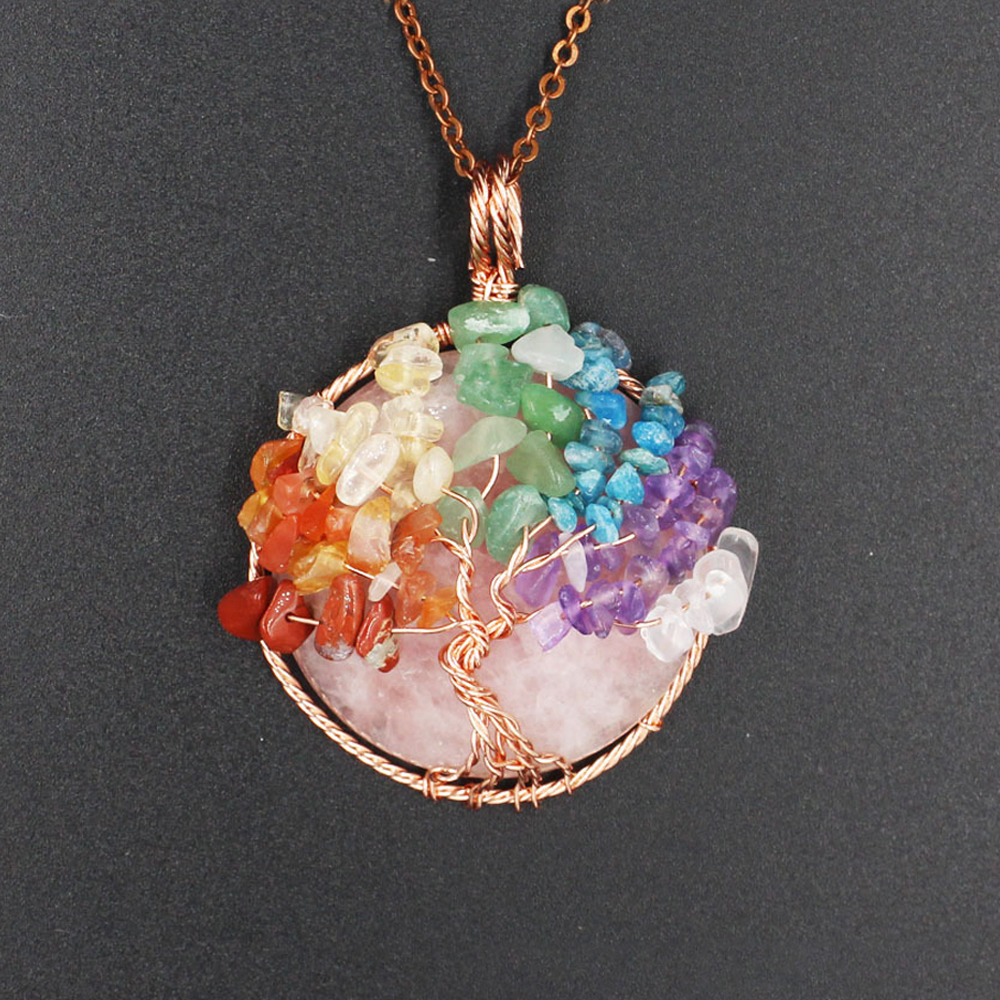 Tree of Life wrapped in natural gem healing crystal round pendant, seven chakra energy healing handmade silk necklace