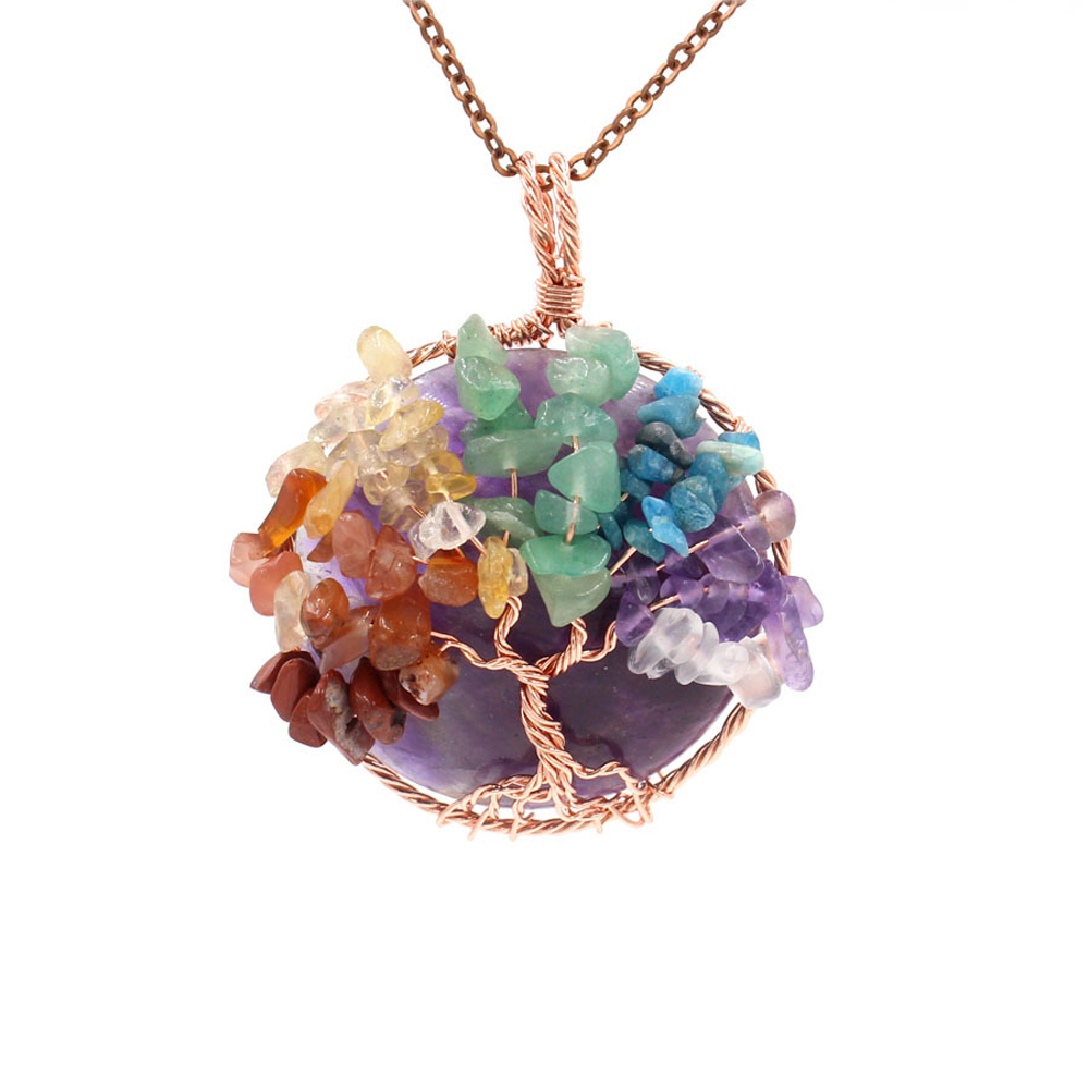 Tree of Life wrapped in natural gem healing crystal round pendant, seven chakra energy healing handmade silk necklace