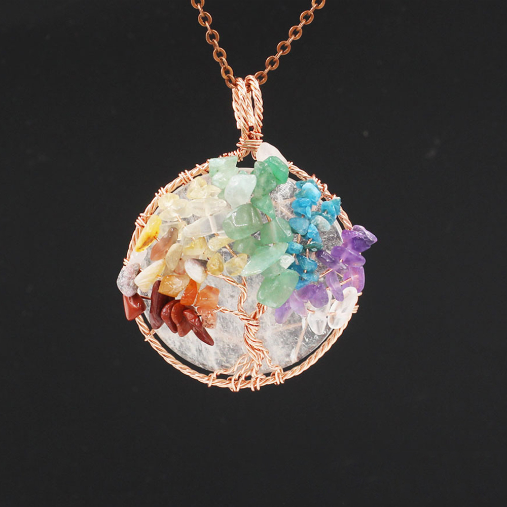 Tree of Life wrapped in natural gem healing crystal round pendant, seven chakra energy healing handmade silk necklace