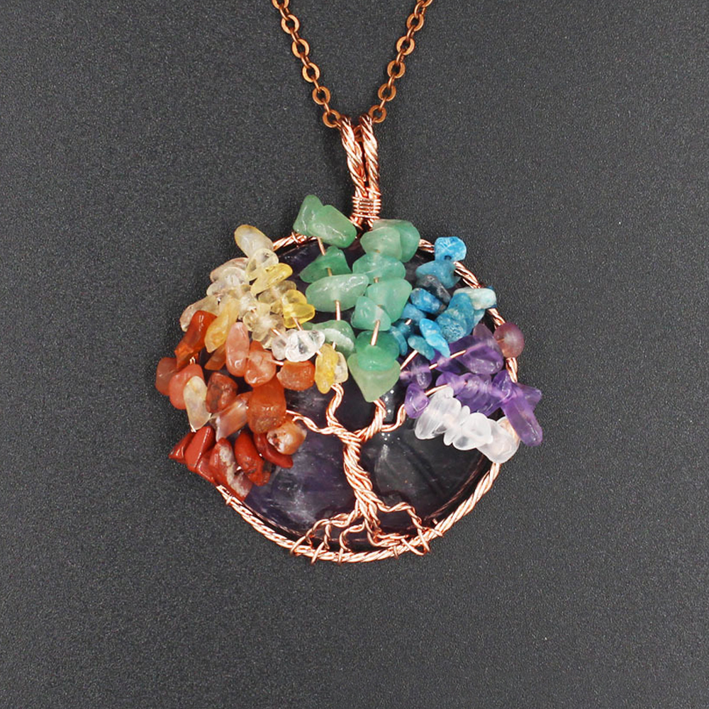 Tree of Life wrapped in natural gem healing crystal round pendant, seven chakra energy healing handmade silk necklace