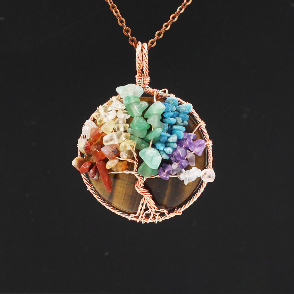 Tree of Life wrapped in natural gem healing crystal round pendant, seven chakra energy healing handmade silk necklace