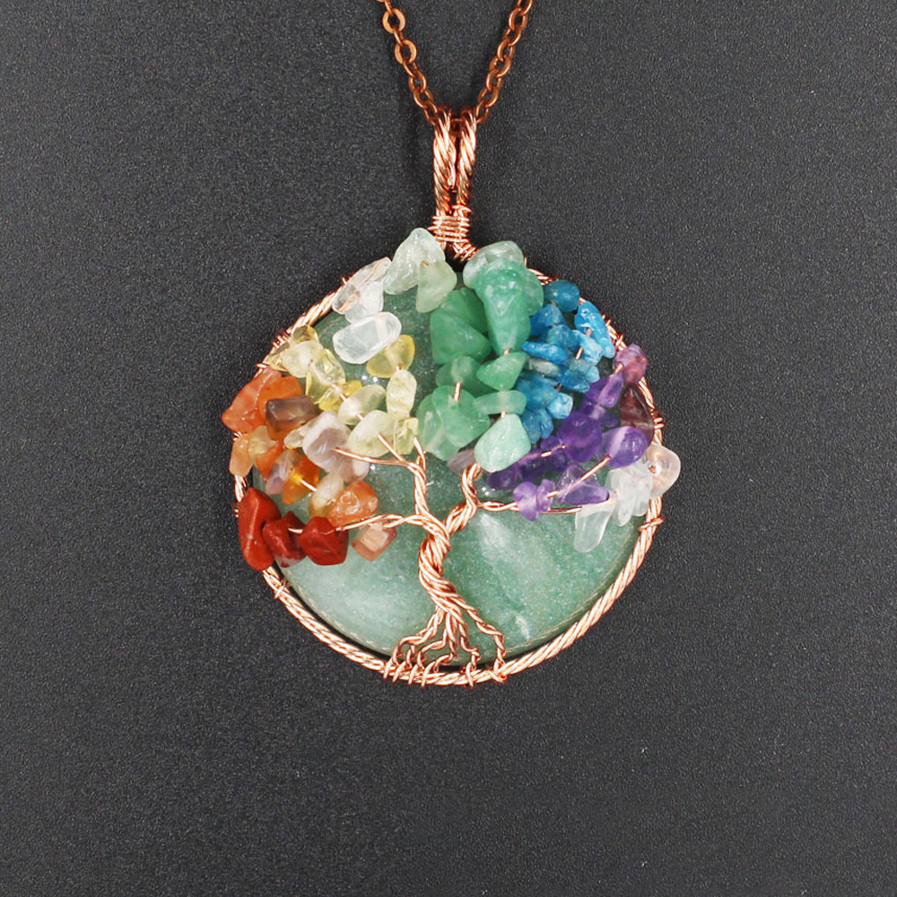 Tree of Life wrapped in natural gem healing crystal round pendant, seven chakra energy healing handmade silk necklace