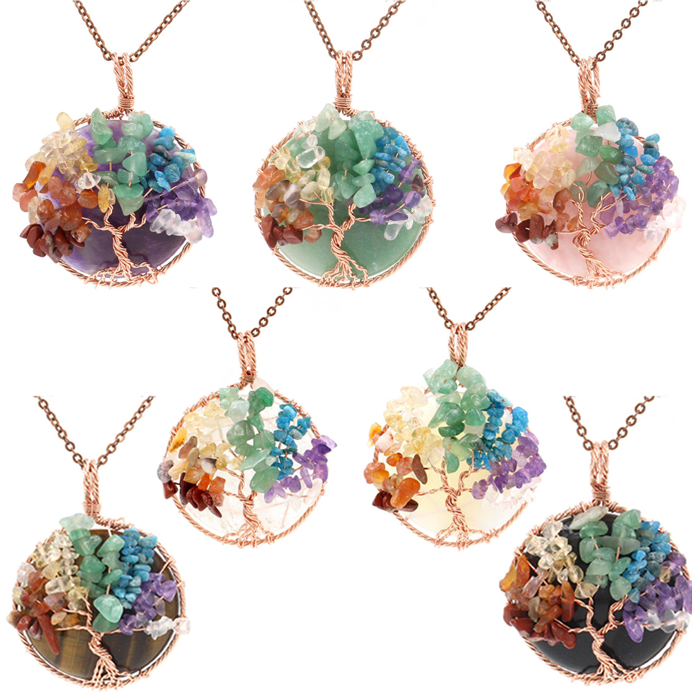 Tree of Life wrapped in natural gem healing crystal round pendant, seven chakra energy healing handmade silk necklace