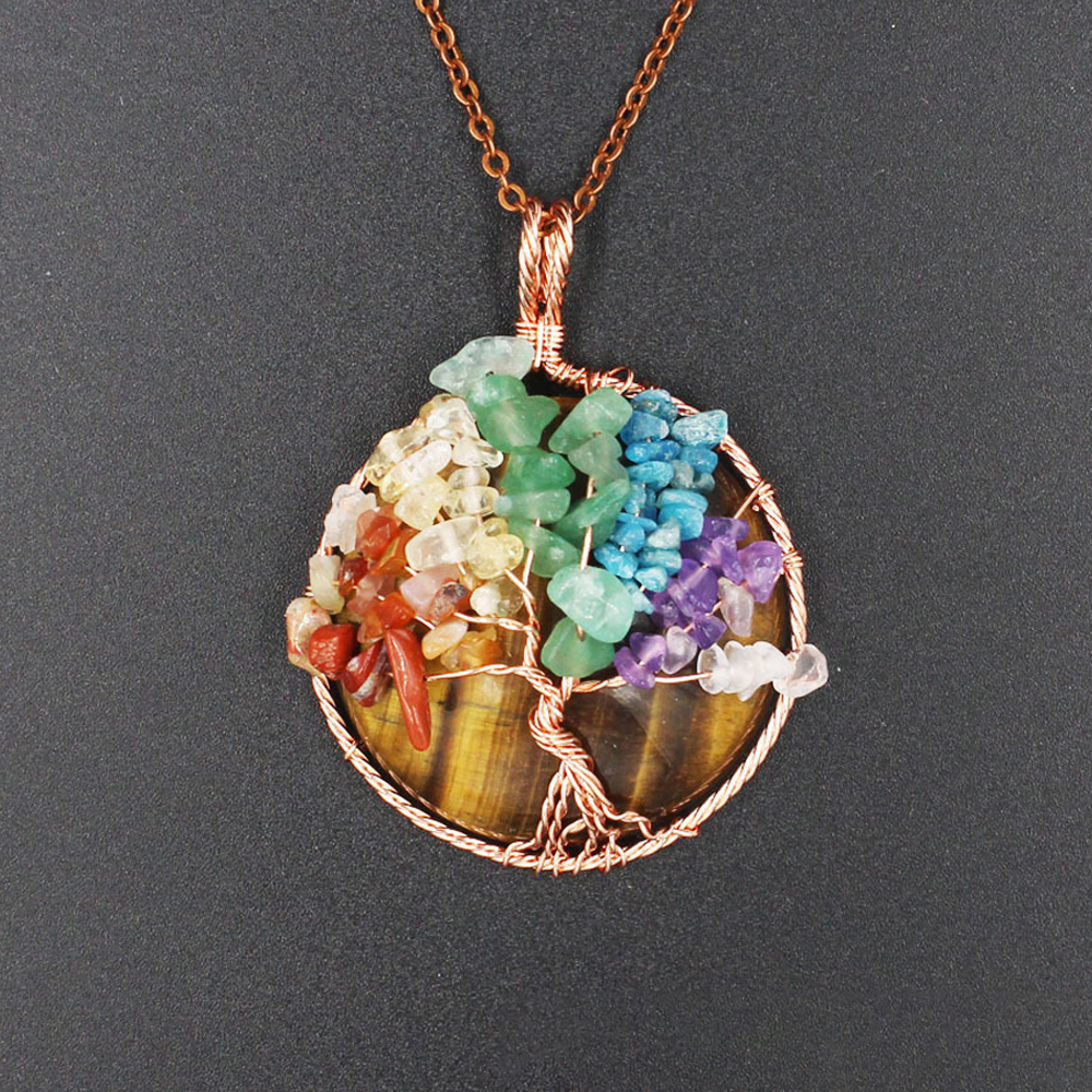 Tree of Life wrapped in natural gem healing crystal round pendant, seven chakra energy healing handmade silk necklace