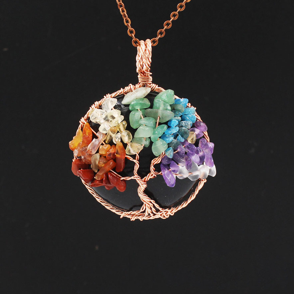 Tree of Life wrapped in natural gem healing crystal round pendant, seven chakra energy healing handmade silk necklace