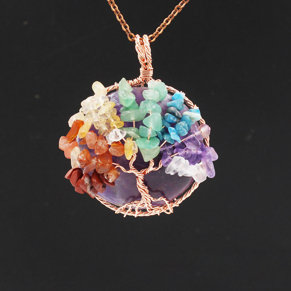 Tree of Life wrapped in natural gem healing crystal round pendant, seven chakra energy healing handmade silk necklace
