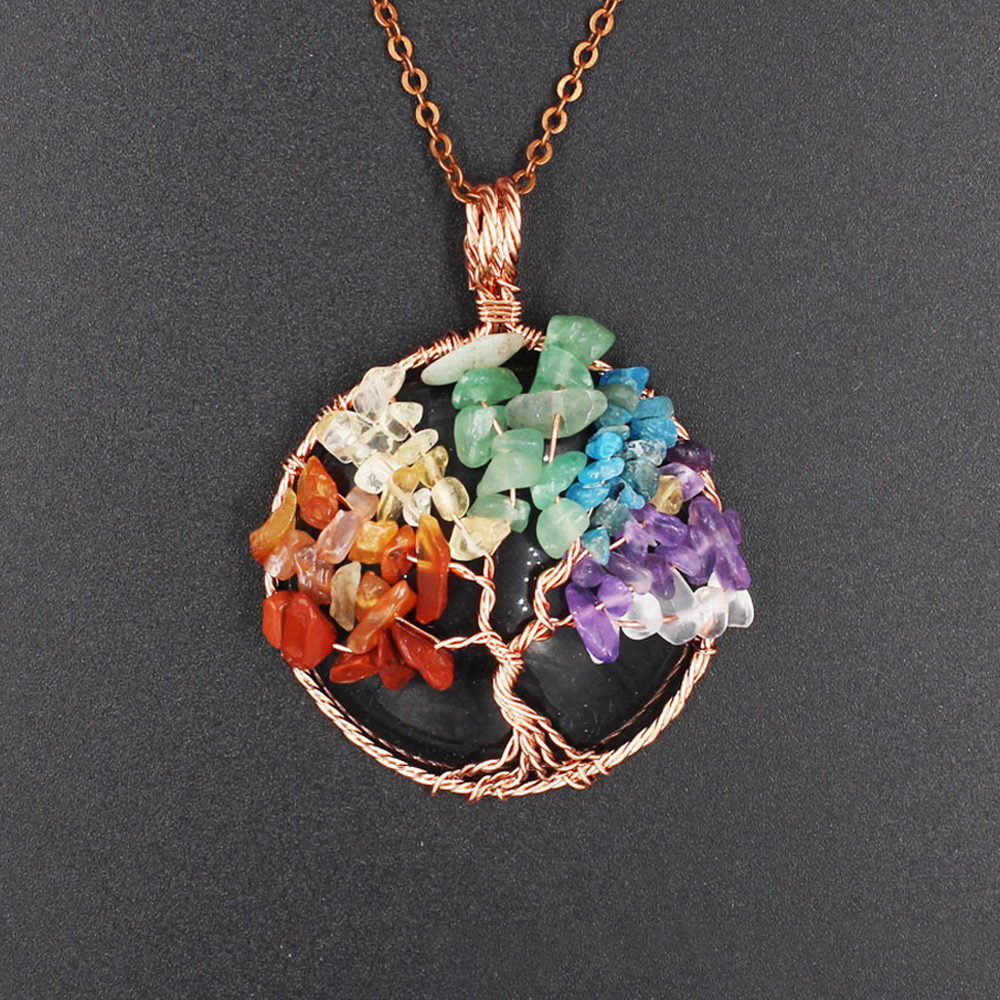 Tree of Life wrapped in natural gem healing crystal round pendant, seven chakra energy healing handmade silk necklace