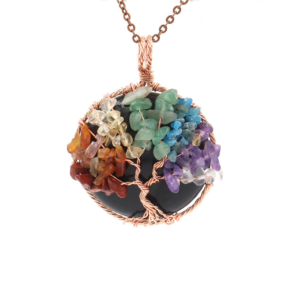 Tree of Life wrapped in natural gem healing crystal round pendant, seven chakra energy healing handmade silk necklace