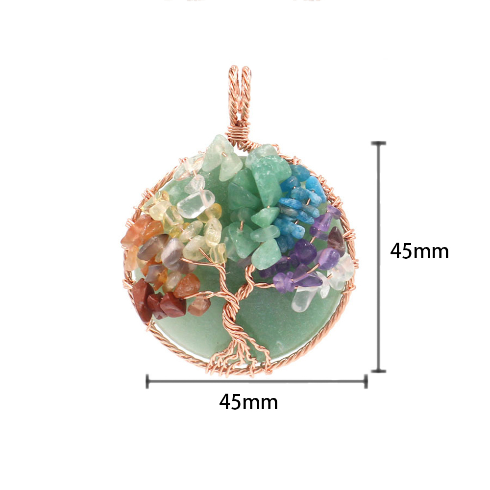 Tree of Life wrapped in natural gem healing crystal round pendant, seven chakra energy healing handmade silk necklace