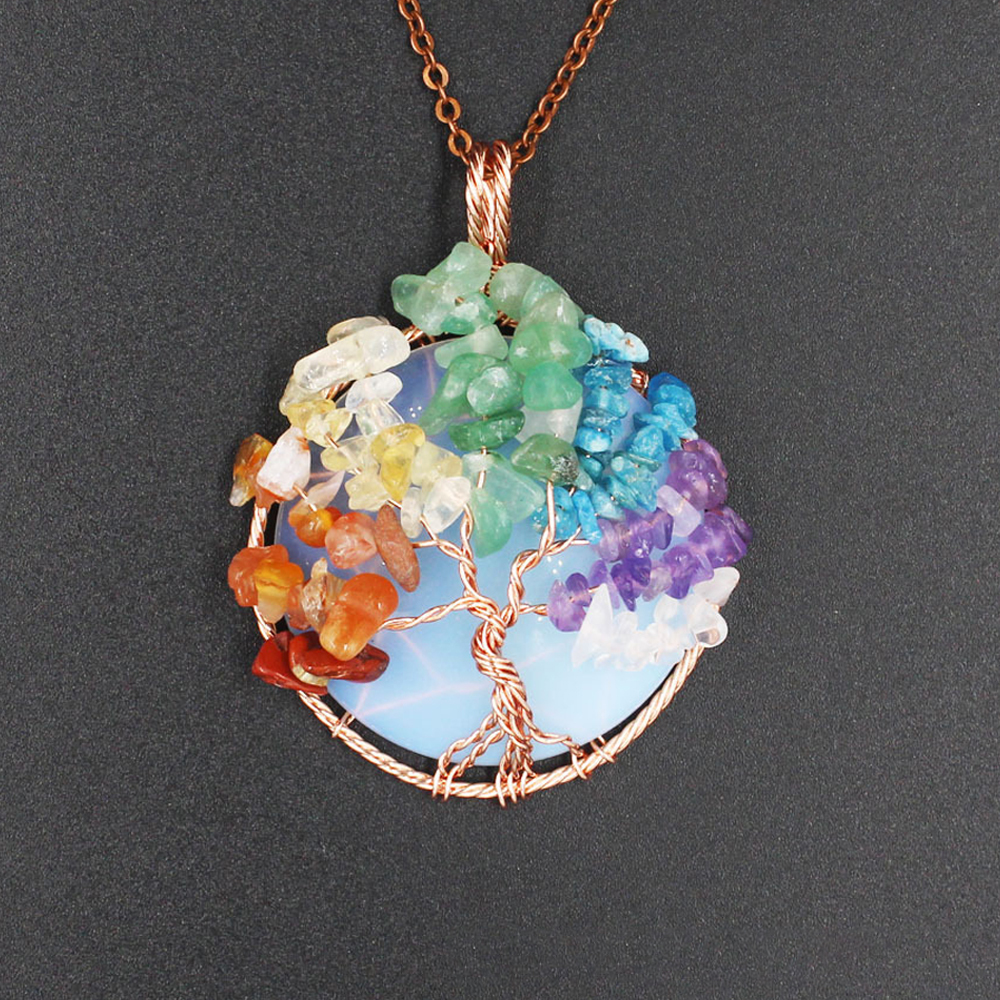 Tree of Life wrapped in natural gem healing crystal round pendant, seven chakra energy healing handmade silk necklace