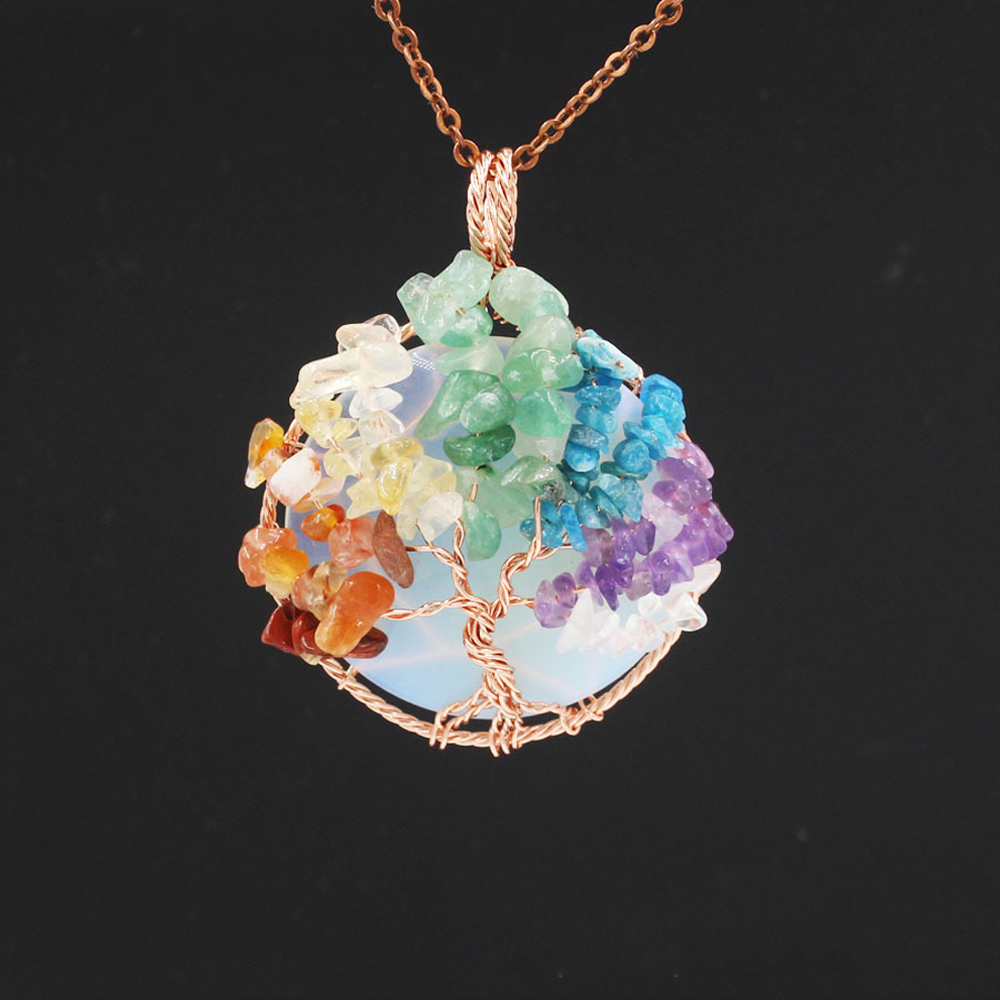 Tree of Life wrapped in natural gem healing crystal round pendant, seven chakra energy healing handmade silk necklace