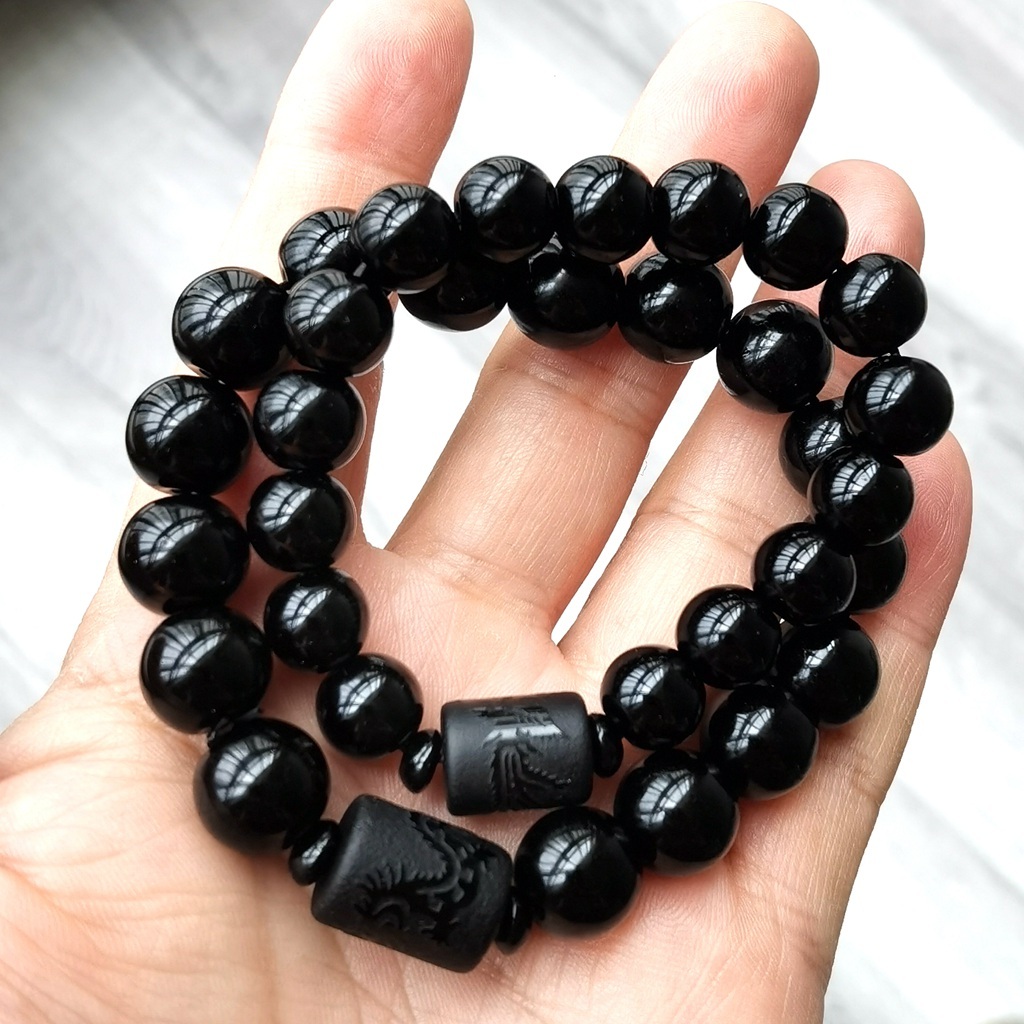 Couple bracelet with obsidian frosted dragon and phoenix accessory and Buddha beads bracelet