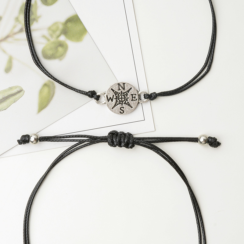 Set with retro alloy compass handmade wax woven bracelet
