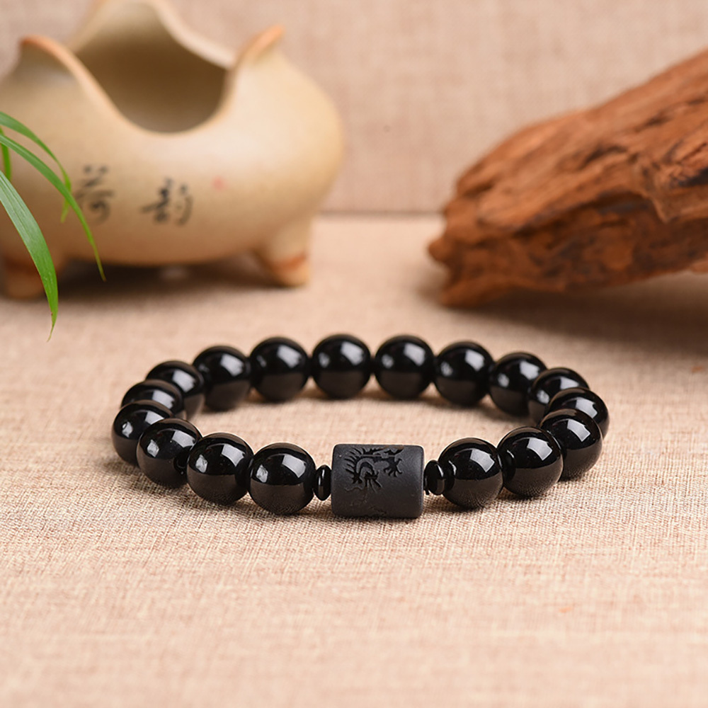 Couple bracelet with obsidian frosted dragon and phoenix accessory and Buddha beads bracelet