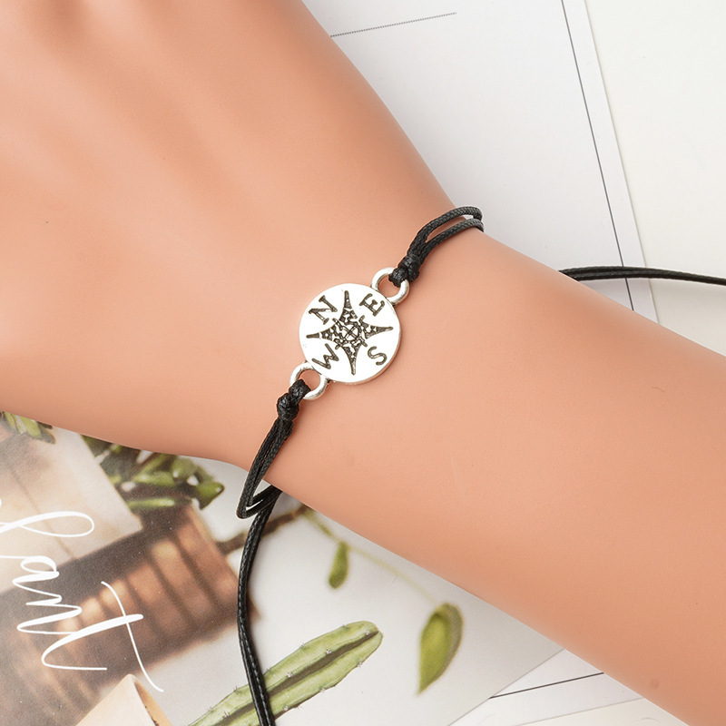 Set with retro alloy compass handmade wax woven bracelet