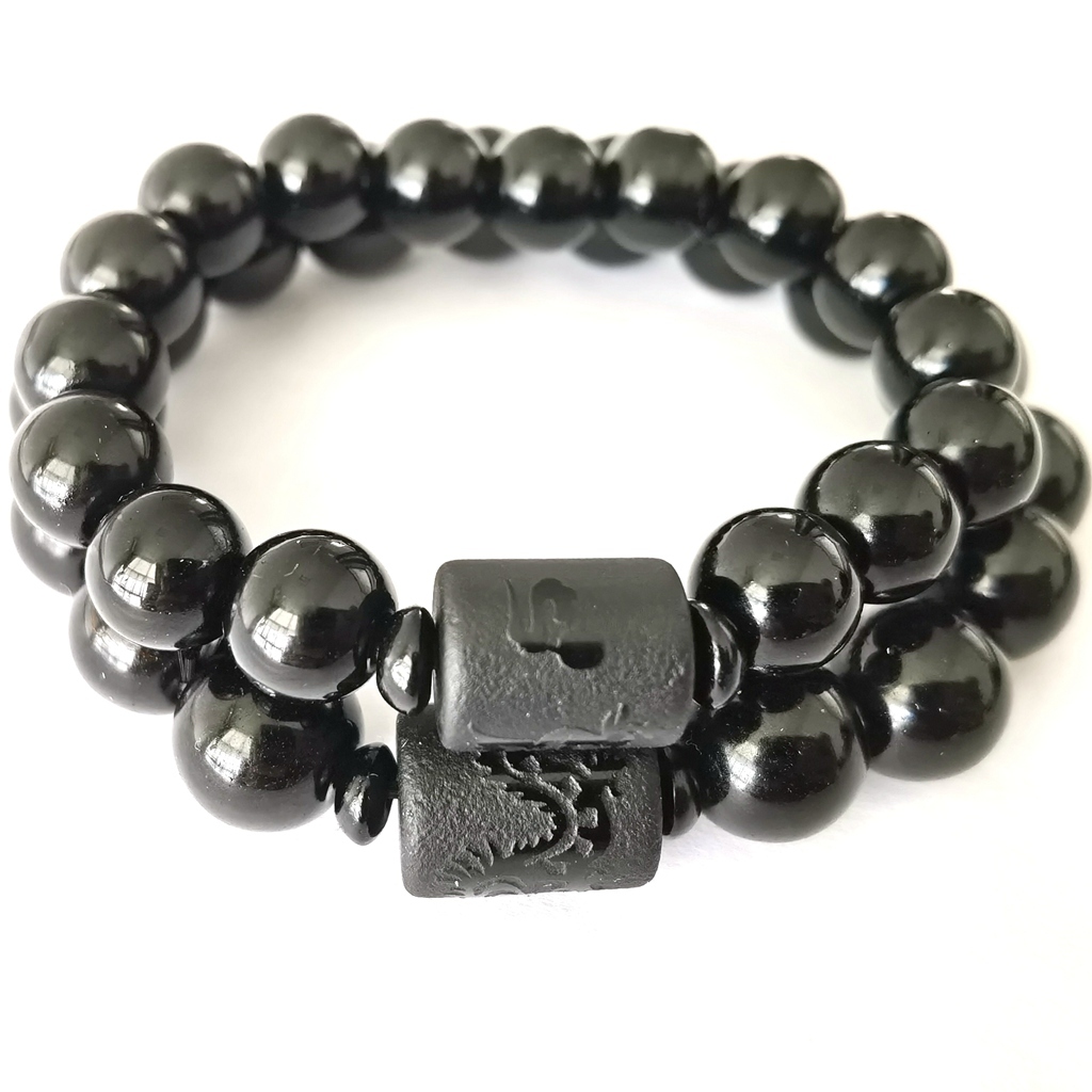 Couple bracelet with obsidian frosted dragon and phoenix accessory and Buddha beads bracelet