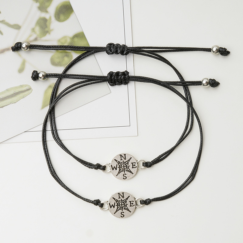 Set with retro alloy compass handmade wax woven bracelet
