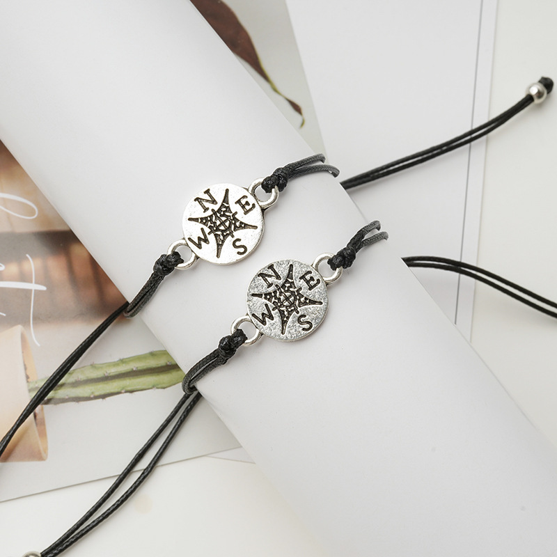 Set with retro alloy compass handmade wax woven bracelet