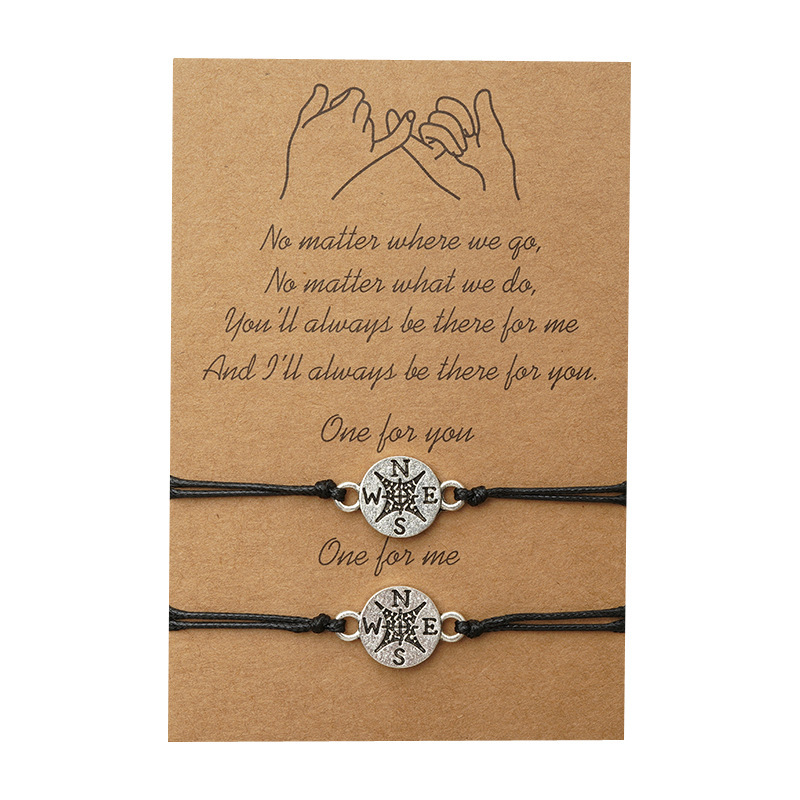 Set with retro alloy compass handmade wax woven bracelet