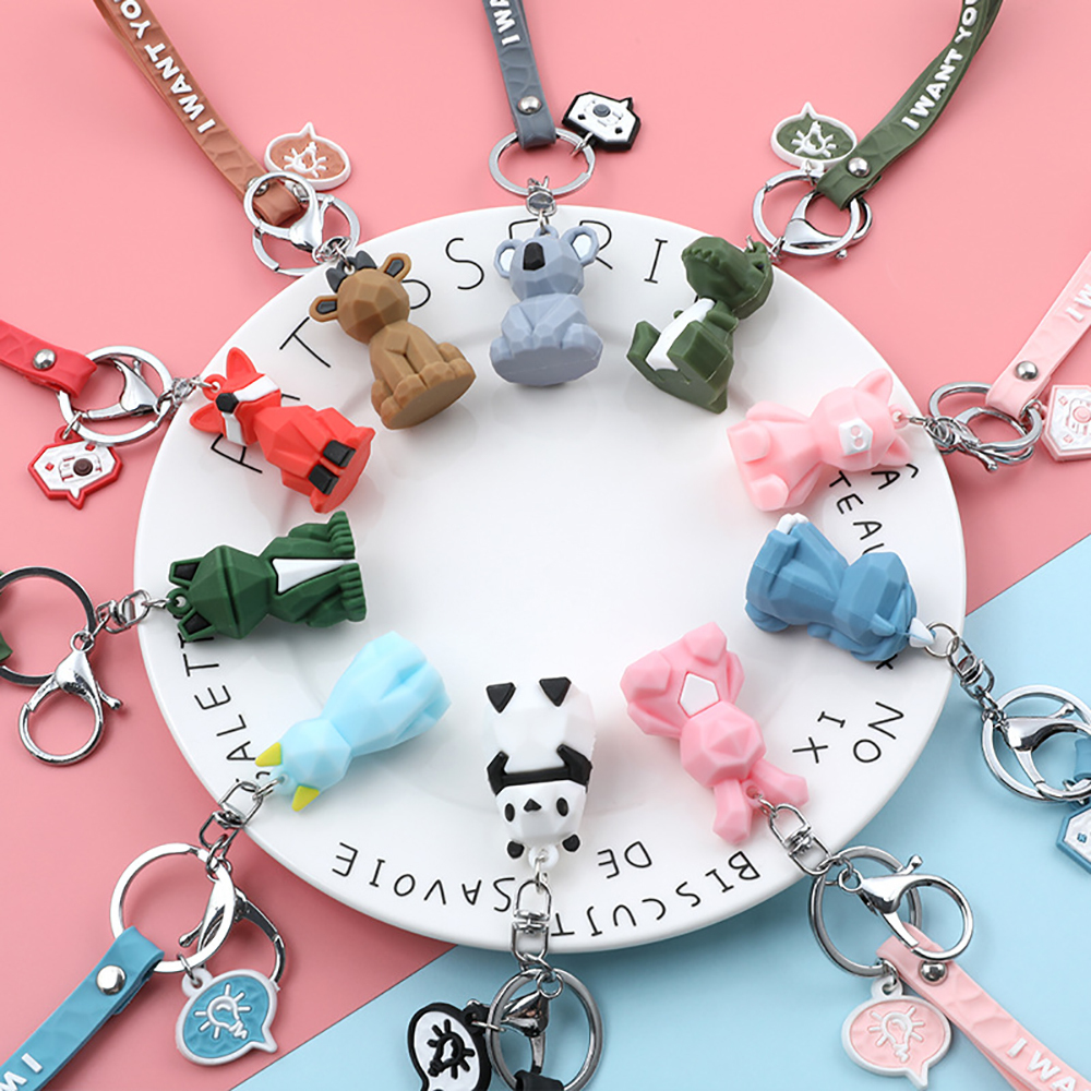 Cartoon geometric faceted animal key ring pendant