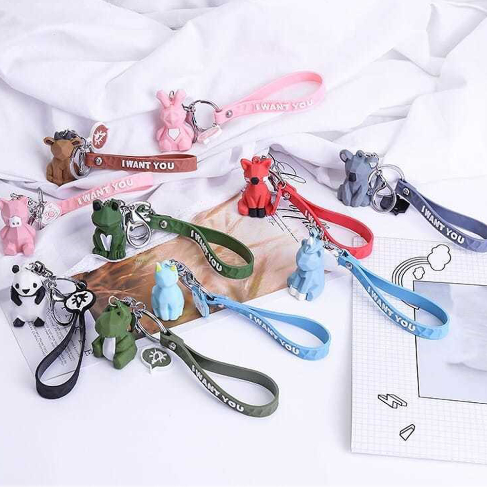 Cartoon geometric faceted animal key ring pendant
