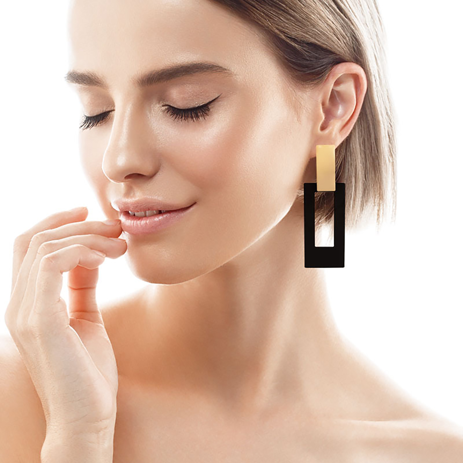 Simple geometry long earrings with retro matte black studs