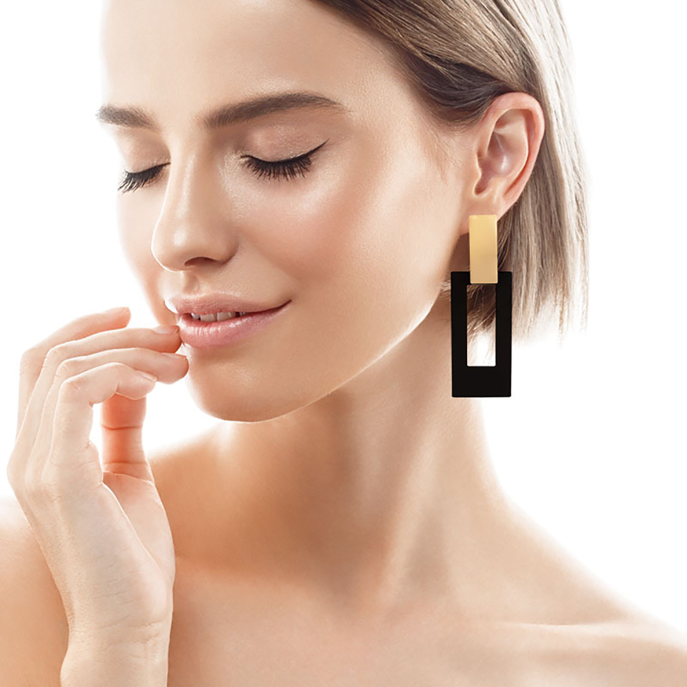 Simple geometry long earrings with retro matte black studs