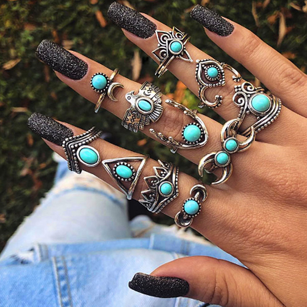 Vintage turquoise crescent owl 11-piece ring set