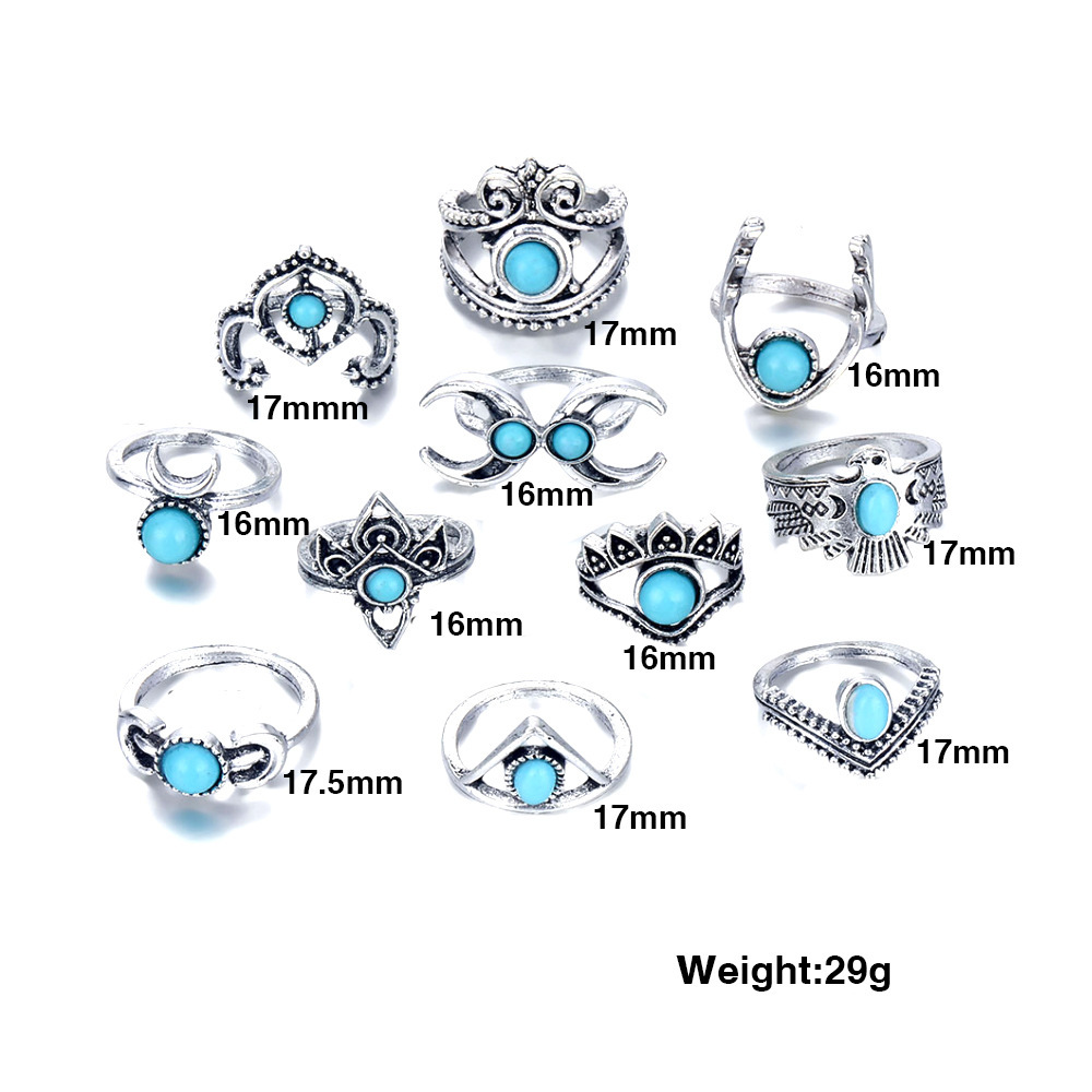 Vintage turquoise crescent owl 11-piece ring set