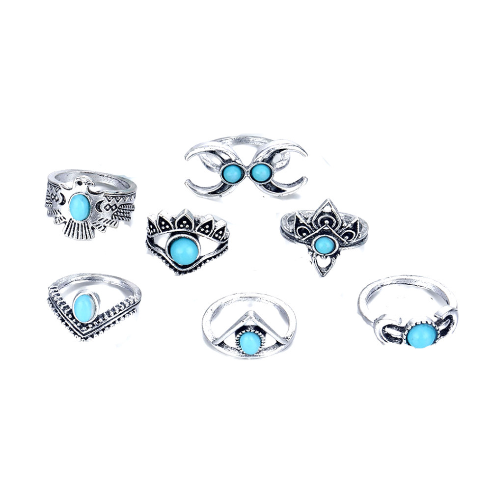 Vintage turquoise crescent owl 11-piece ring set