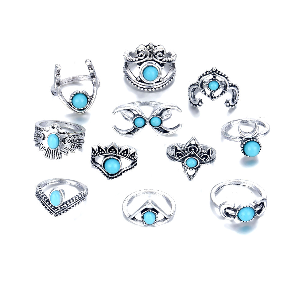 Vintage turquoise crescent owl 11-piece ring set