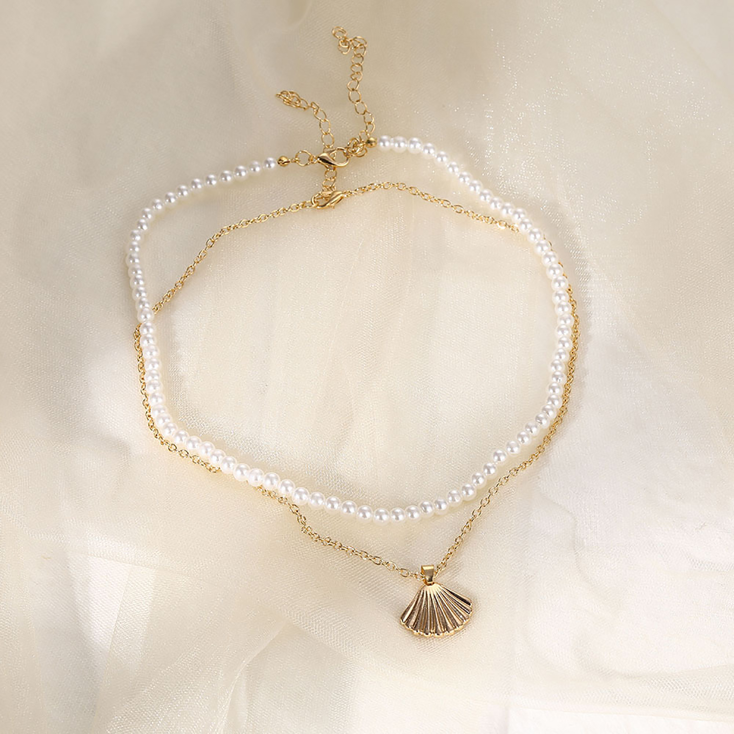 Character scallop hand beaded necklace with scallop pearl double set necklace jewelry