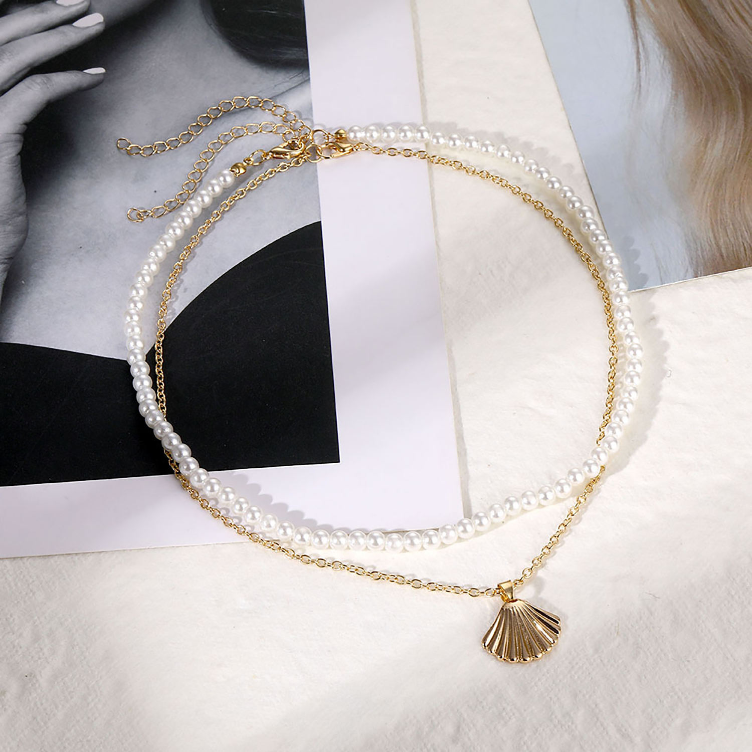 Character scallop hand beaded necklace with scallop pearl double set necklace jewelry