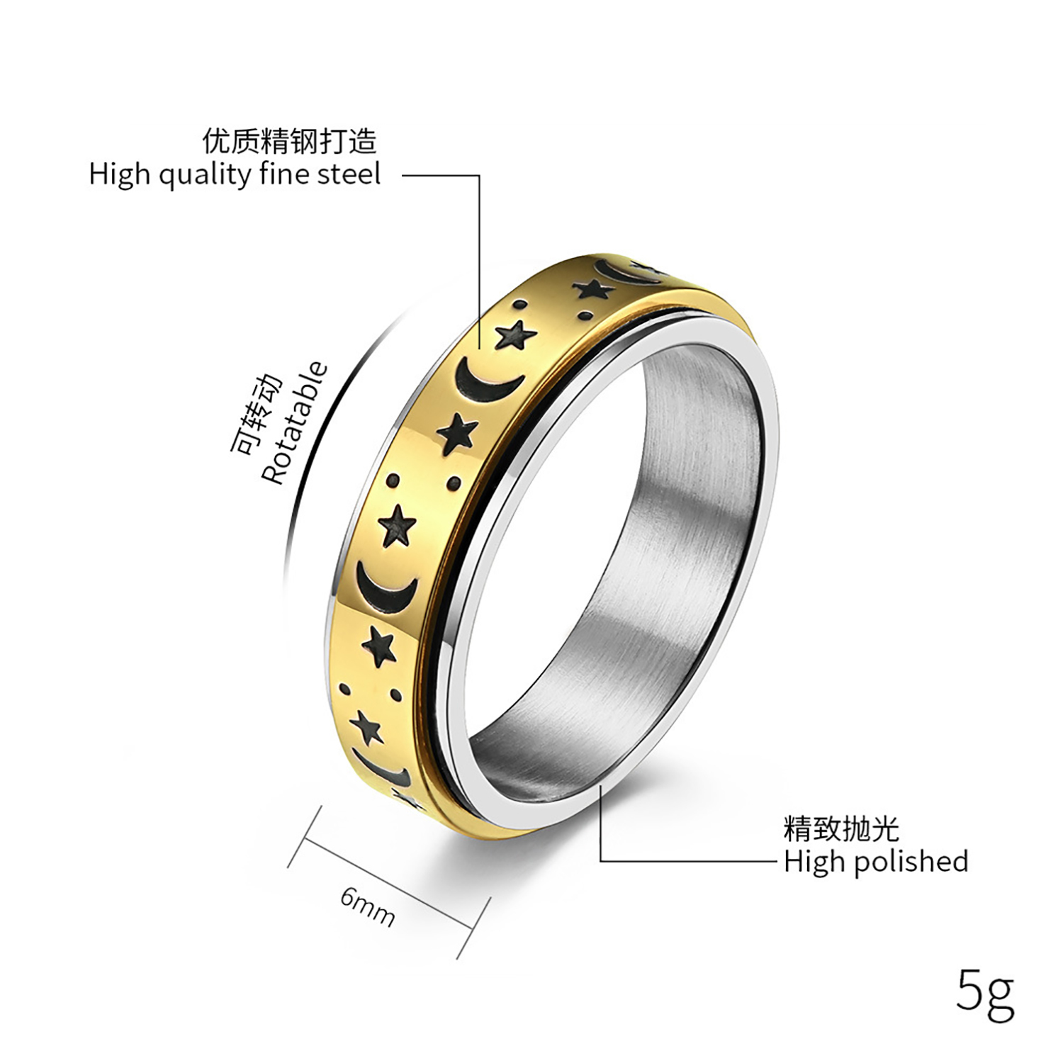 The stars and the moon can be rotated titanium steel ring ring romantic proposal men and women bracelet