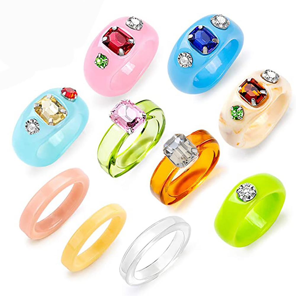 Acrylic transparent color diamond geometric resin ring niche personality set ring