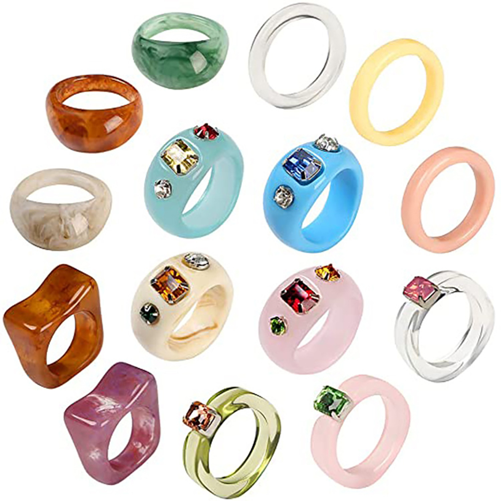 Acrylic transparent color diamond geometric resin ring niche personality set ring