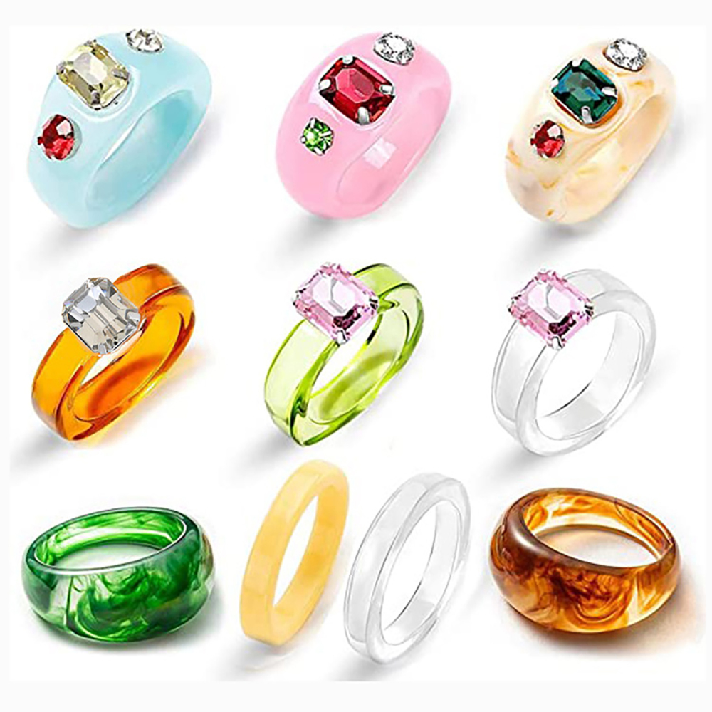 Acrylic transparent color diamond geometric resin ring niche personality set ring
