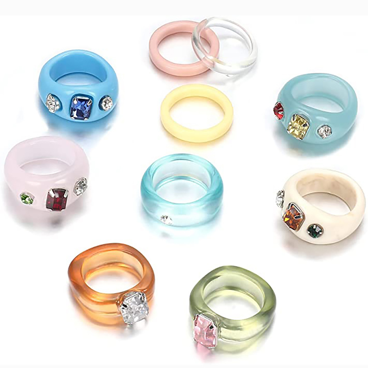 Acrylic transparent color diamond geometric resin ring niche personality set ring