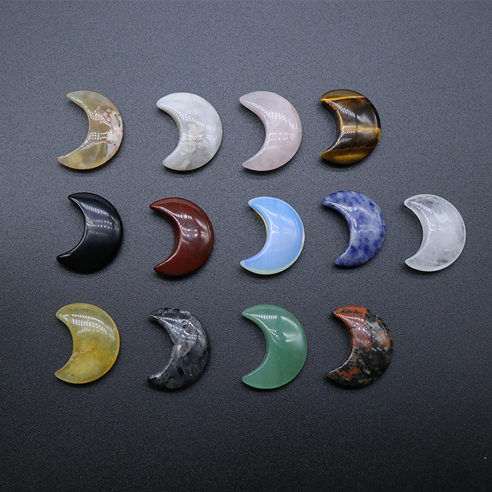 30mm crystal agate jade carved moon handle, tiger's eye stone moon ornaments