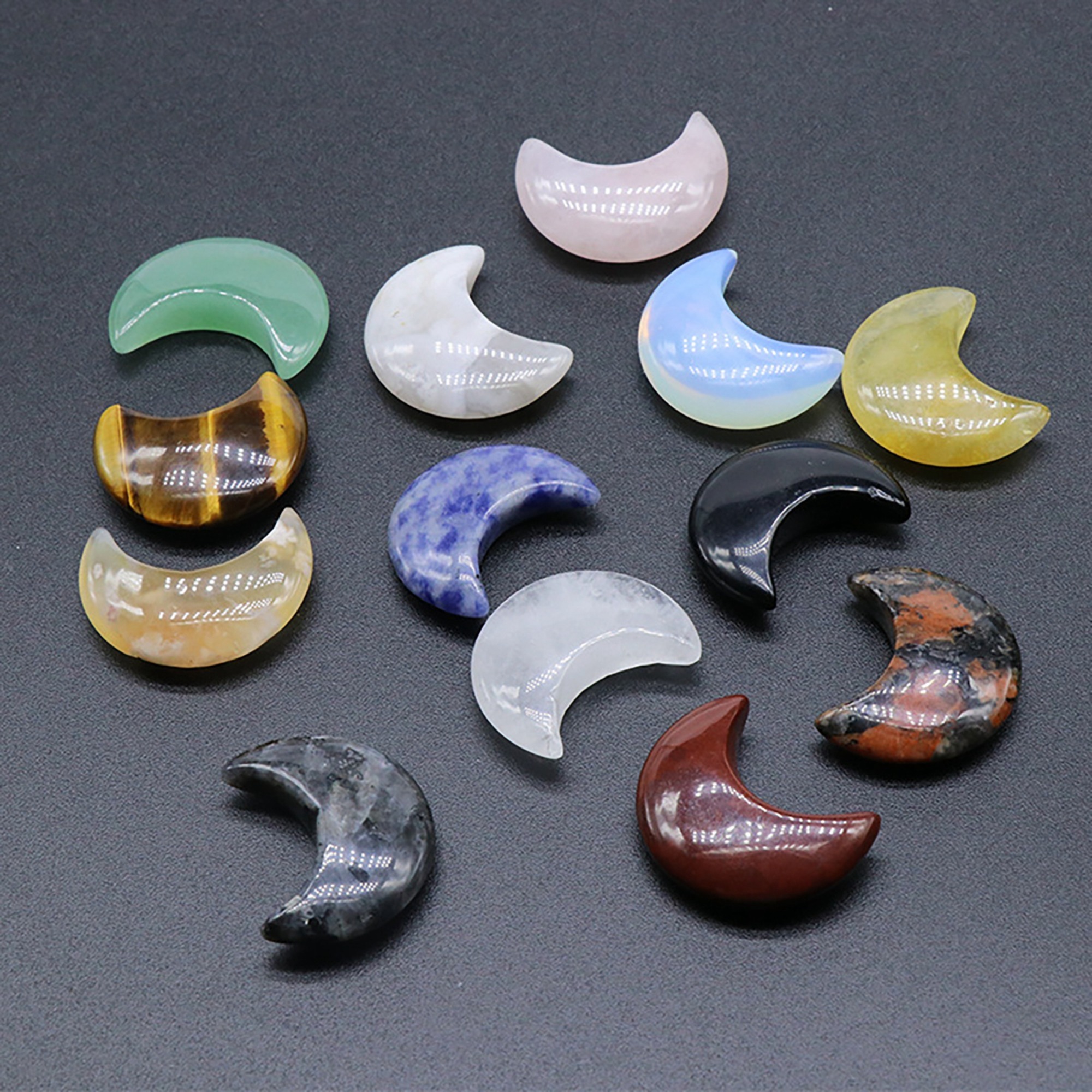 30mm crystal agate jade carved moon handle, tiger's eye stone moon ornaments