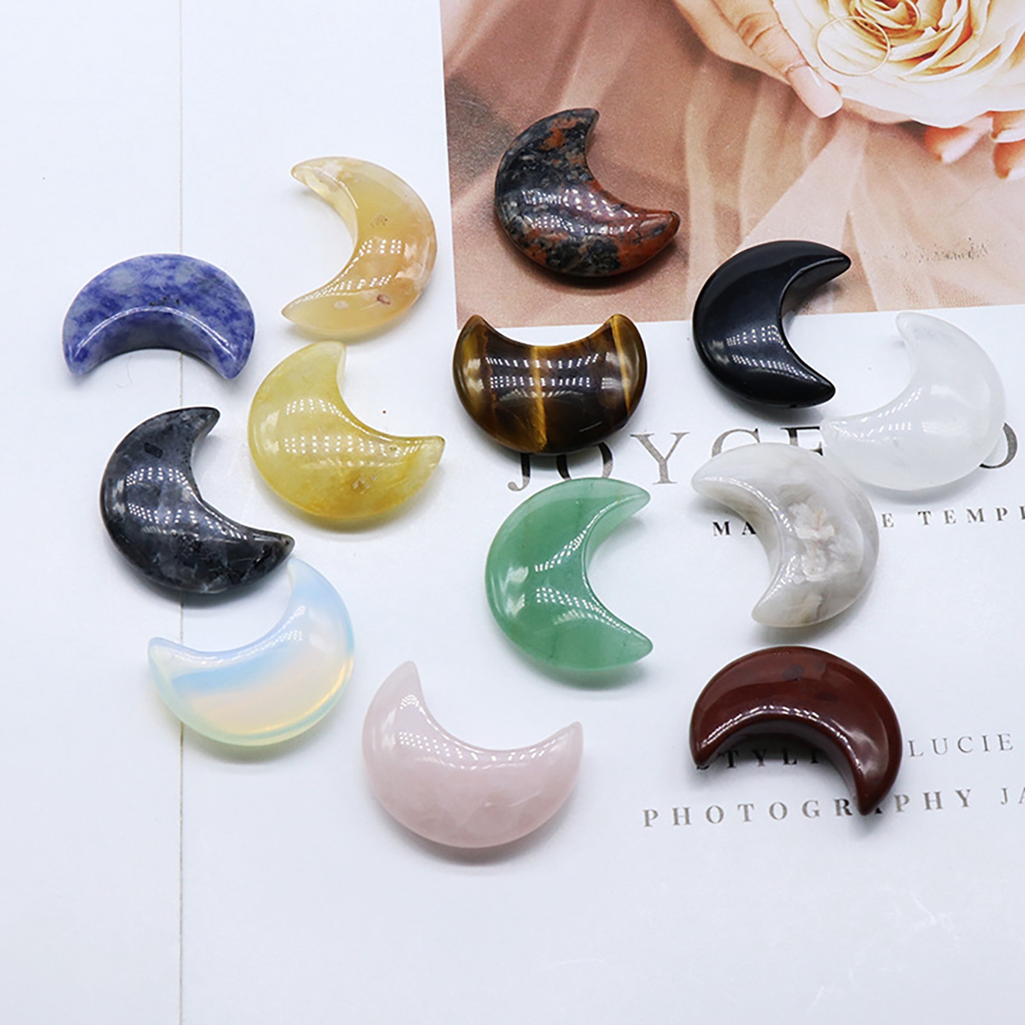 30mm crystal agate jade carved moon handle, tiger's eye stone moon ornaments