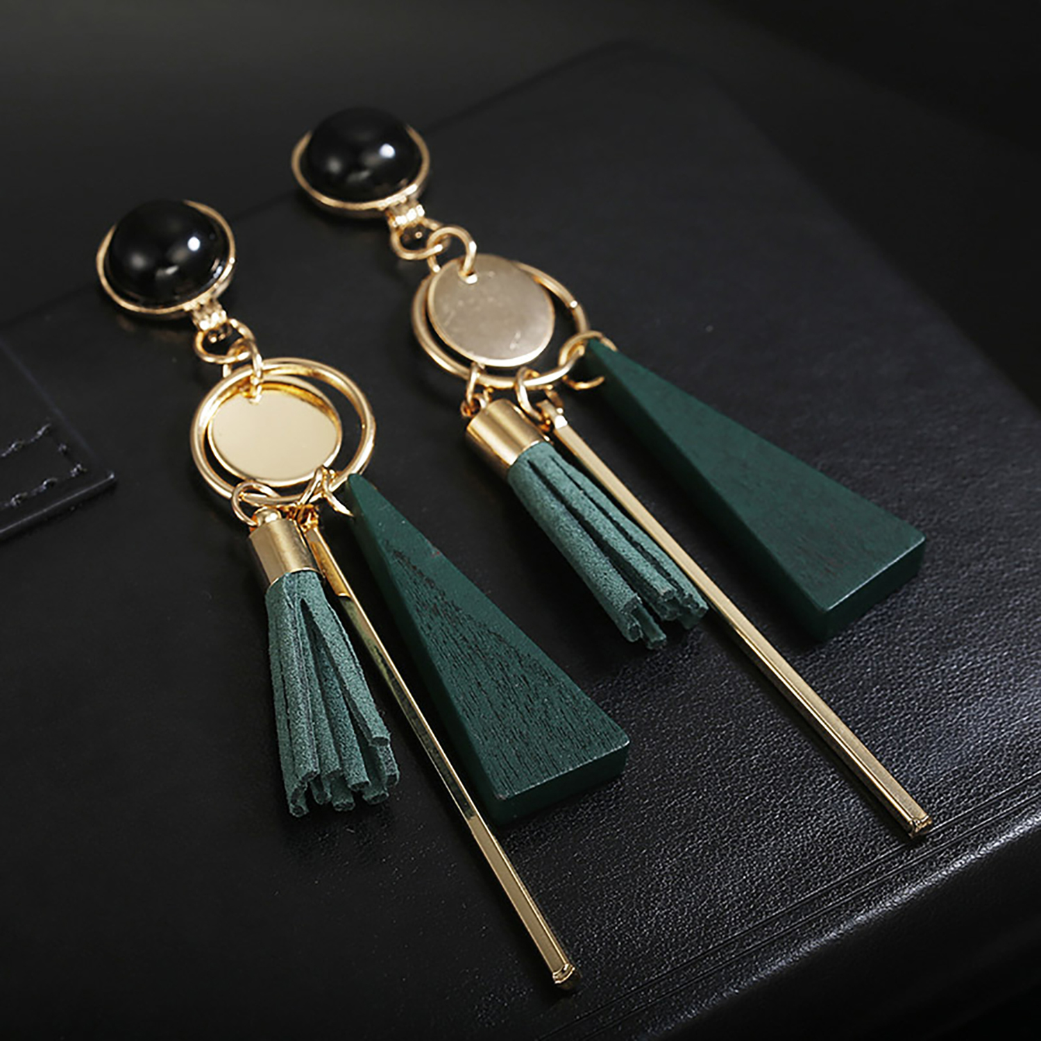 Fringe long round ring earrings with irregular geometric triangular wooden ear rings