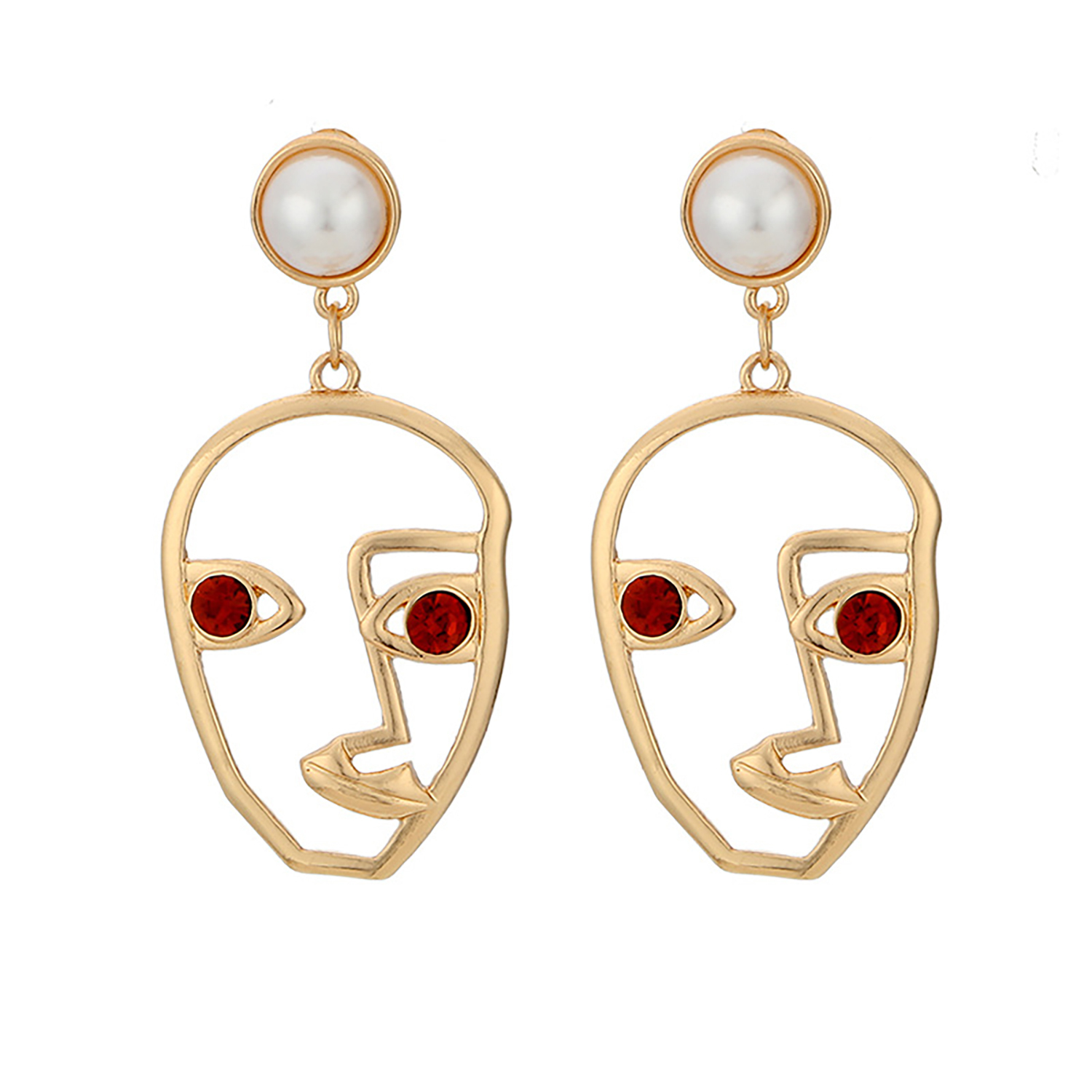 Abstract smiley face pearl set diamond geometry earrings face studs