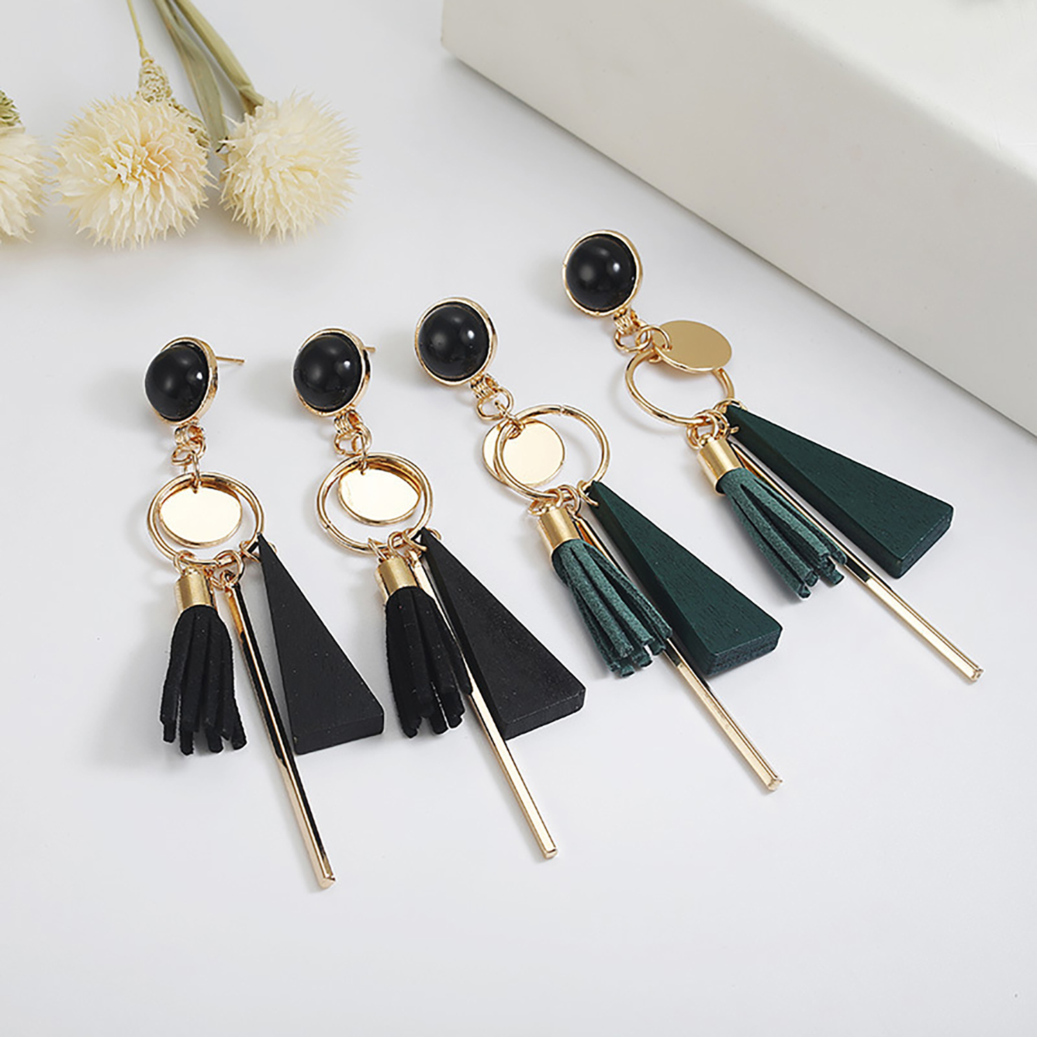 Fringe long round ring earrings with irregular geometric triangular wooden ear rings